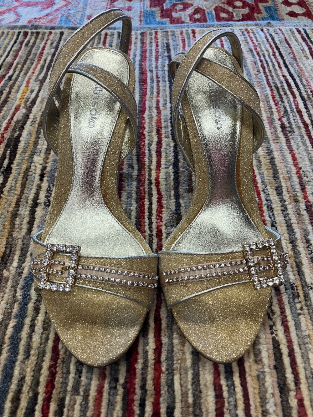 Women's Faith Solo UK - USA 7 - Gold Glitter Heels with Diamond Buckles & Straps